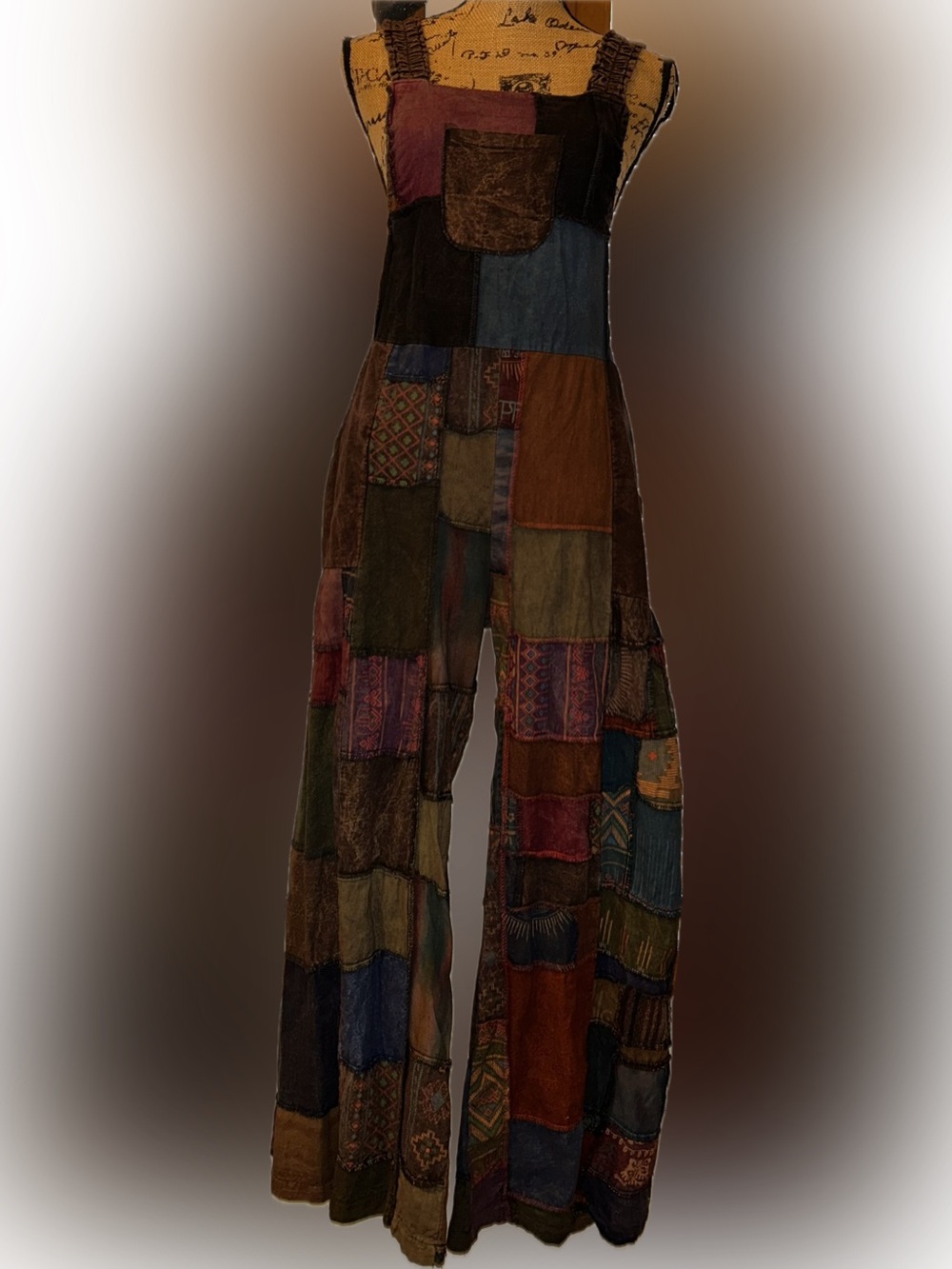 NWT Gardenbelle Shop Bohemian Hand Dyed Patchwork Wide Leg Overall Jumpsuit S